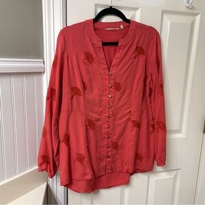 Soft Surroundings Coral Embroidered Button-Down Shirt